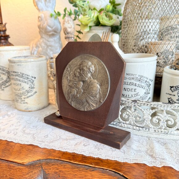 1920s Antique Religious Metal and Wood Saint Joeseph and Child Jesus - Picture 6 of 10